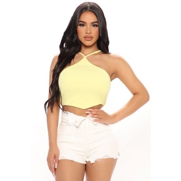 Halter Ribbed Stretch Yellow Cropped Top Size M refFNB - Picture 1 of 10